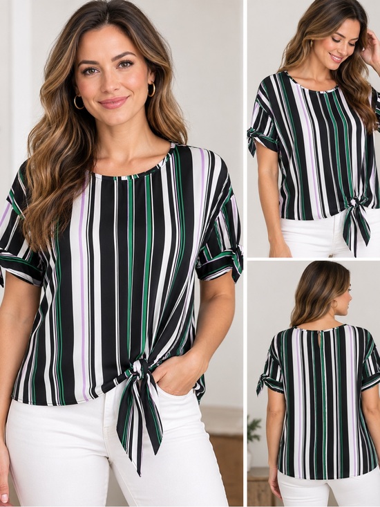 Worthington Tops - Striped Short-Sleeve Blouse in Black, White & Green,Tie Front Blouse,Large